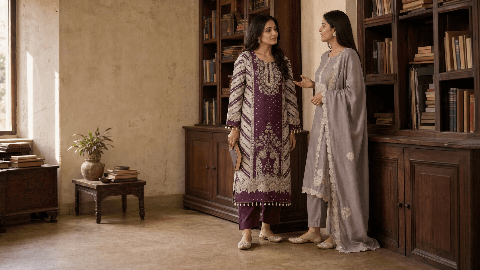 Two women wearing Kalindi kurta sets in a heritage library