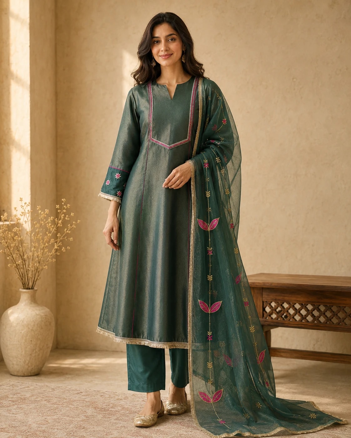 Yamini Emerald Anarkali Set with Embroidered Organza Dupatta – Full front