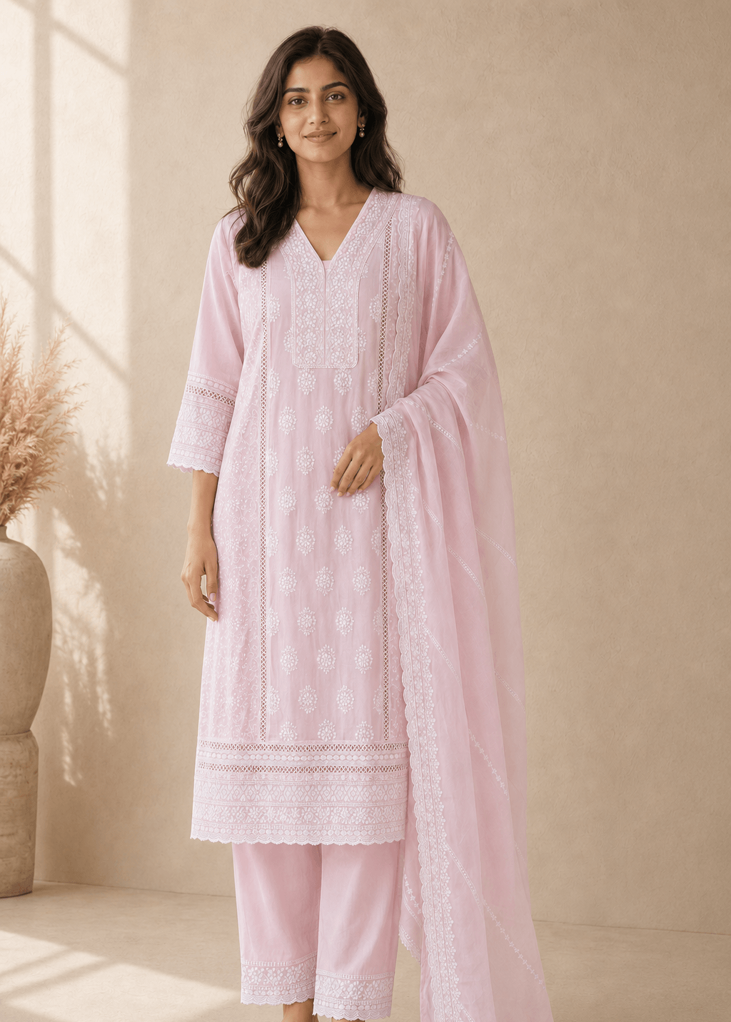 Radhika Blush Pink Chikankari Kurta Set – Full front