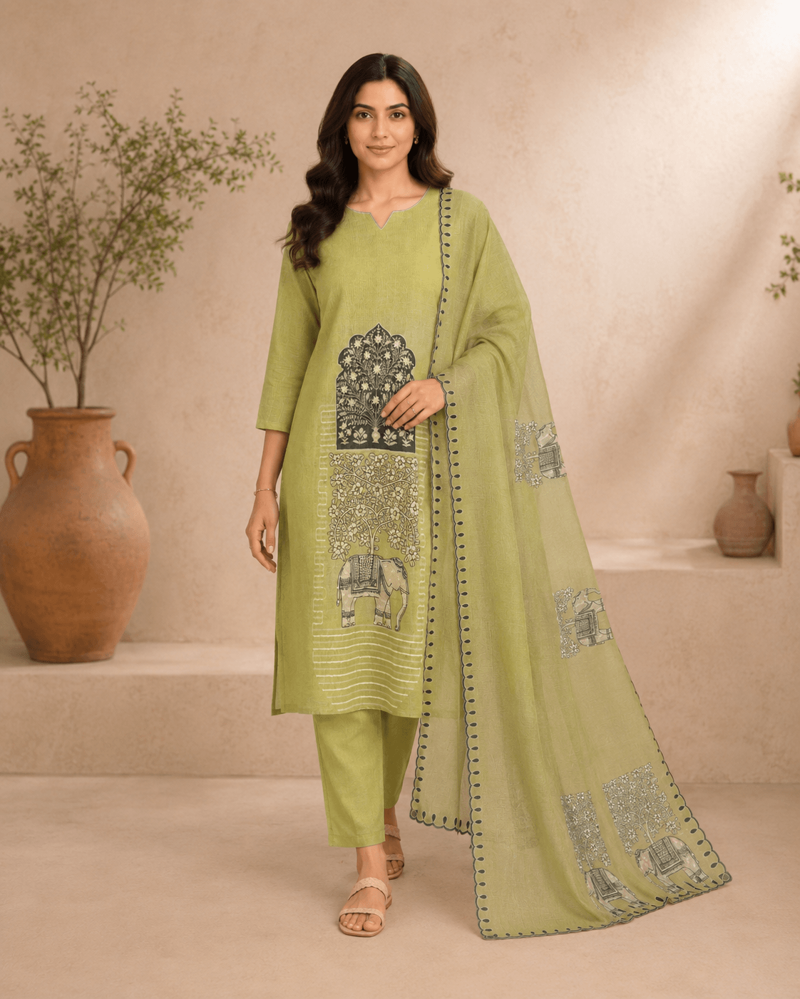 Kadamba Pista Green Printed Kurta Set – Full front