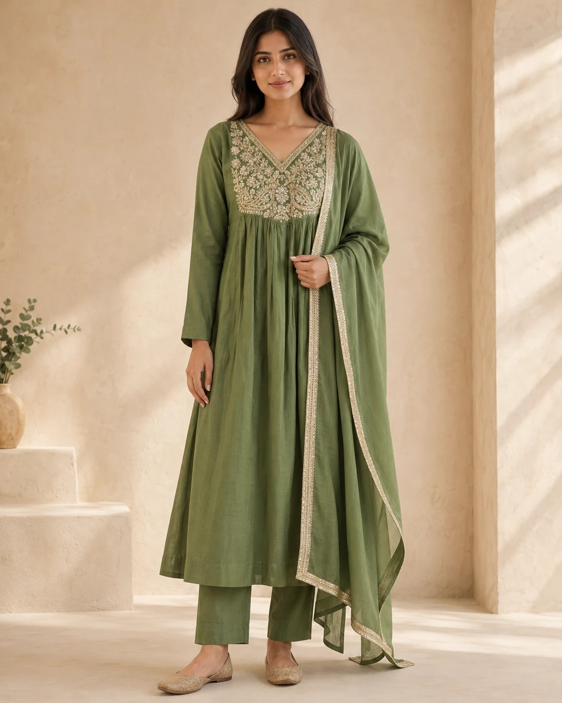 Vrinda Olive Anarkali Set – Full front