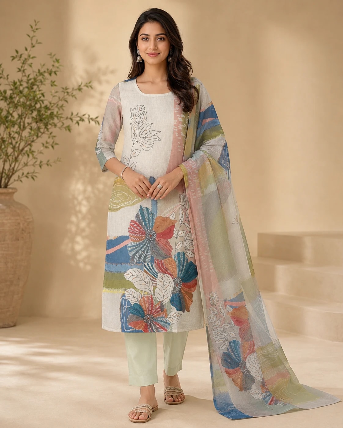 Avni Ivory Floral Printed Kurta Set – Full front