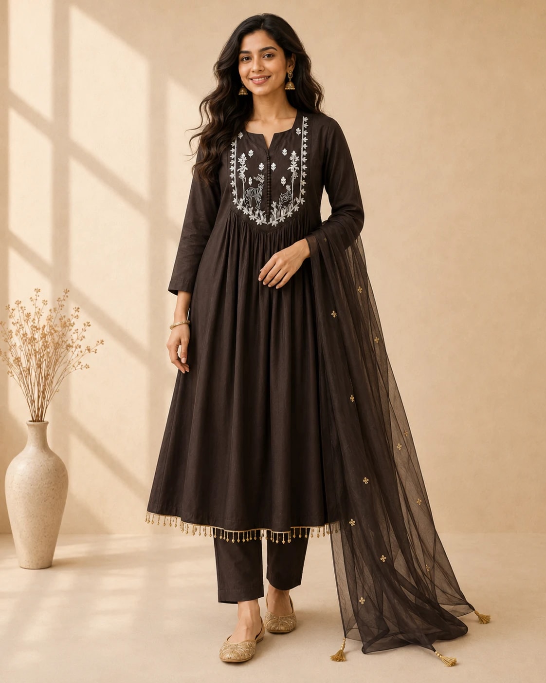 Mrigā Chocolate Brown Anarkali Kurta Set – Full front