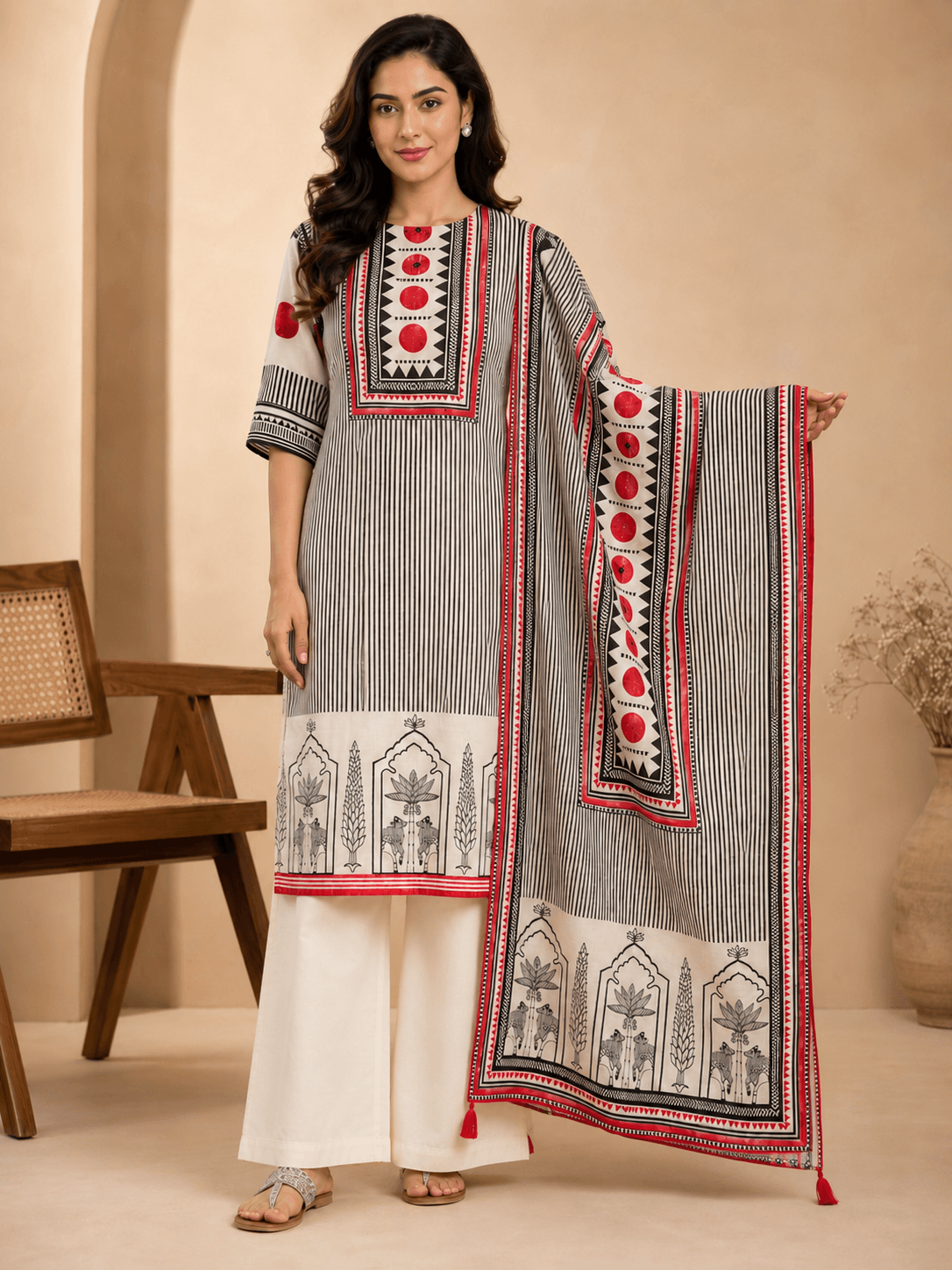 Gokul Black & Off White Printed Kurta Set – Full front