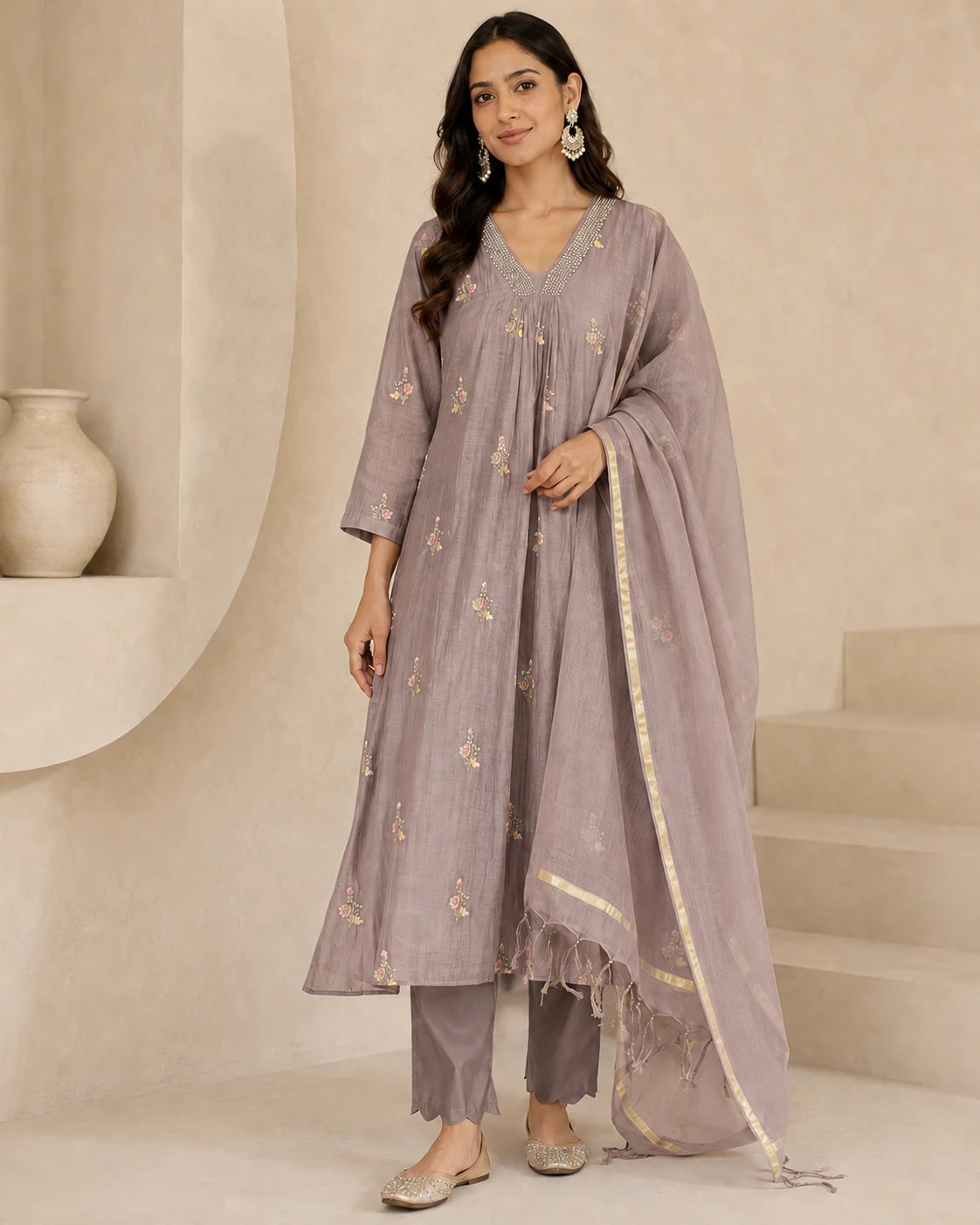 Mridula Dusty Mauve Embroidered Kurta Set – Full front