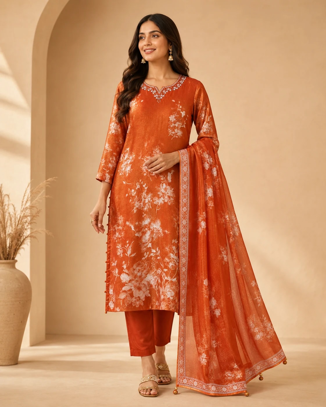 Manjari Rust Orange Floral Kurta Set with Dupatta – Full front