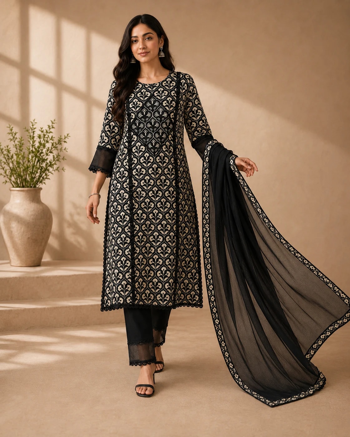 Shyama Phool Black Kurta Set – Full front