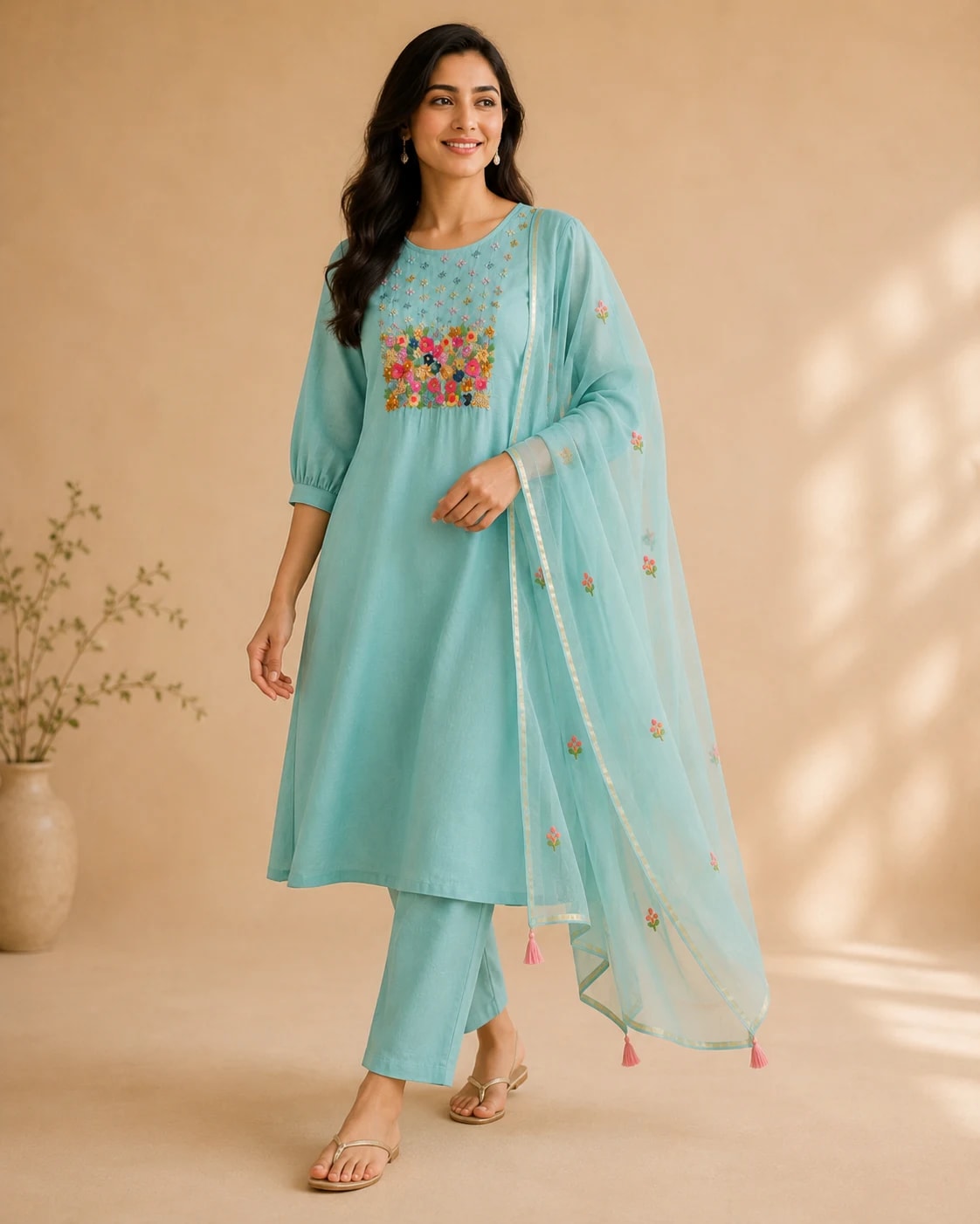 Yamini Aqua Blue Floral Anarkali Kurta Set – Full front