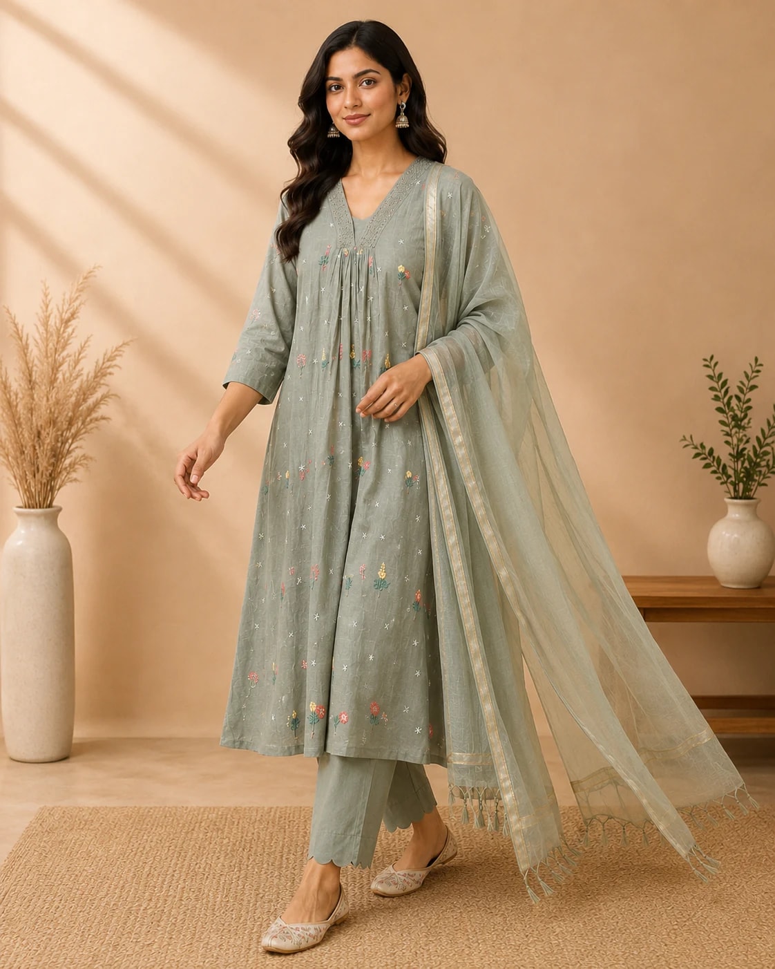 Vanya Sage Green Embroidered Anarkali Kurta Set – Full front
