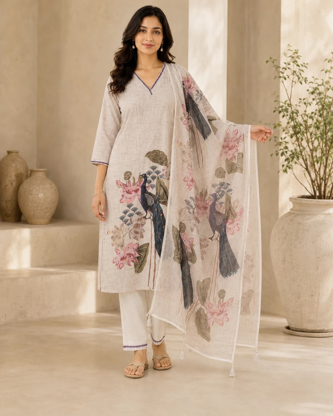 Mayuri Ivory Peacock Printed Kurta Set – Full front