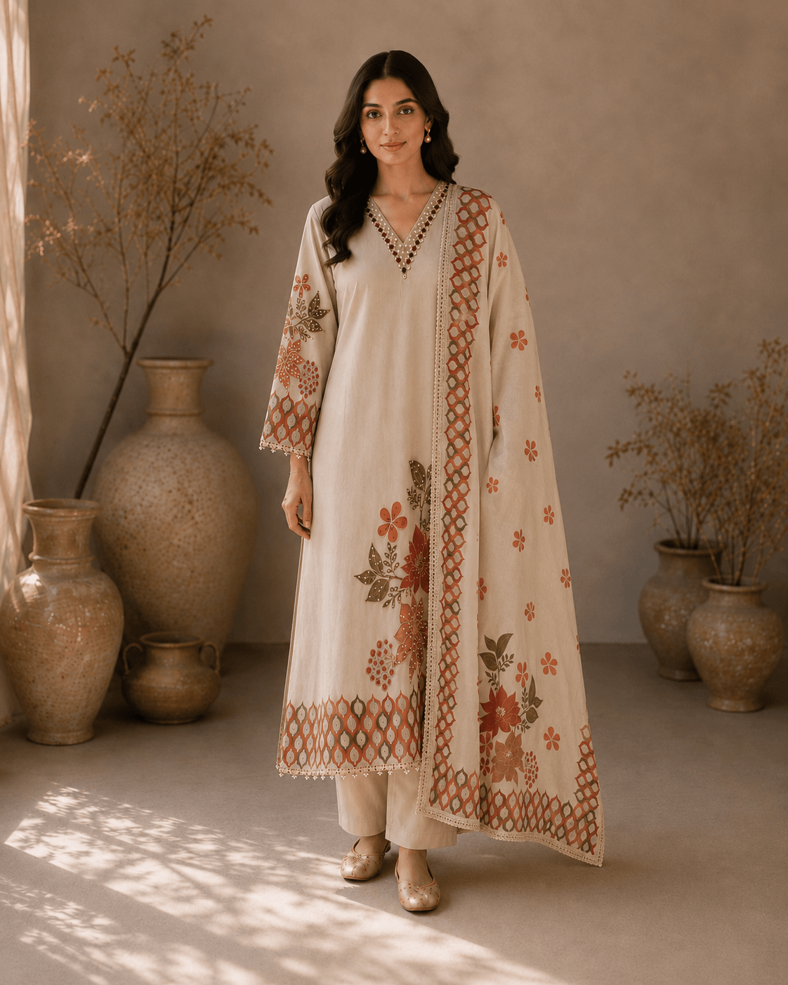 Vrinda Ivory Floral Kurta Set – Full front