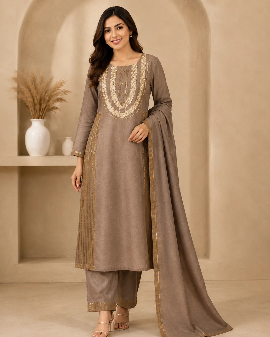 Dhara Taupe Gold Kurta Set – Full front