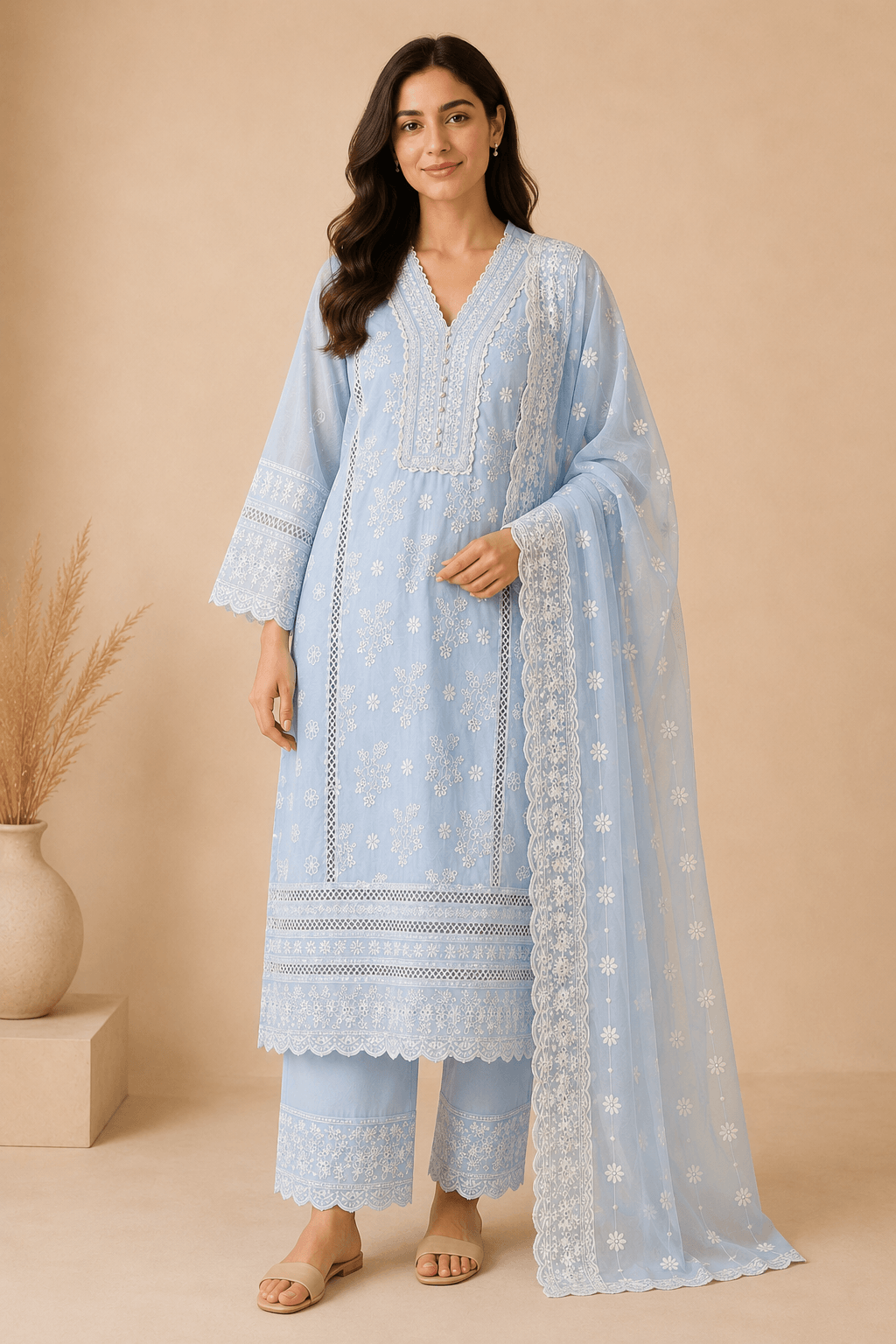 Neera Sky Blue Chikankari Kurta Set – Full front
