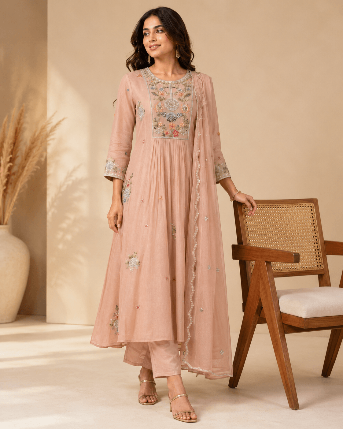 Padma Peach Embroidered Anarkali Kurta Set – Full front
